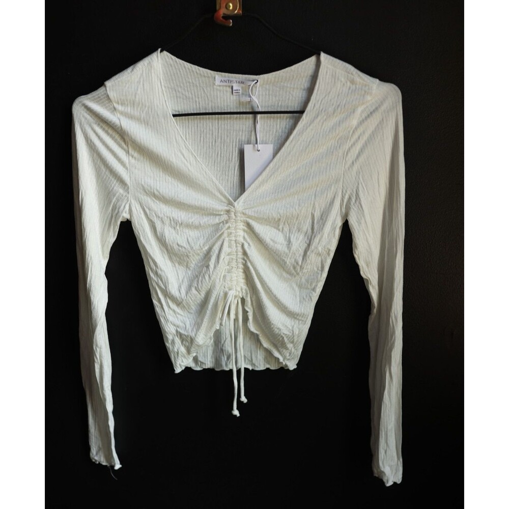 NWT Antistar Front Tie Crop Top Long Sleeve V Neckline White Ribbed Fairy Small